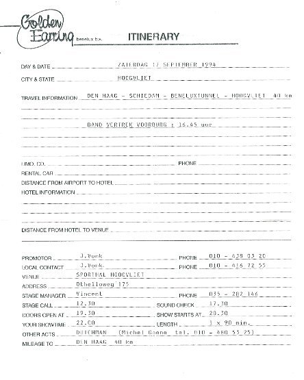 Golden Earring show Itinerary September 17 1994 Hoogvliet
